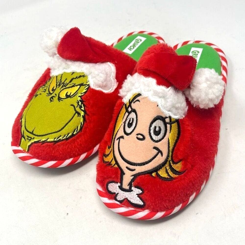 Dr Seuss Little Cindy Lou Who & Grinch Christmas Slipper Santa Hat Red Girls 2-3